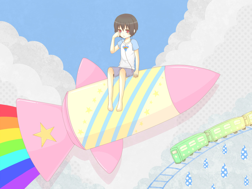bad_id, barefoot, brown_hair, cloud, clouds, crying, crying_with_eyes_open, earbuds