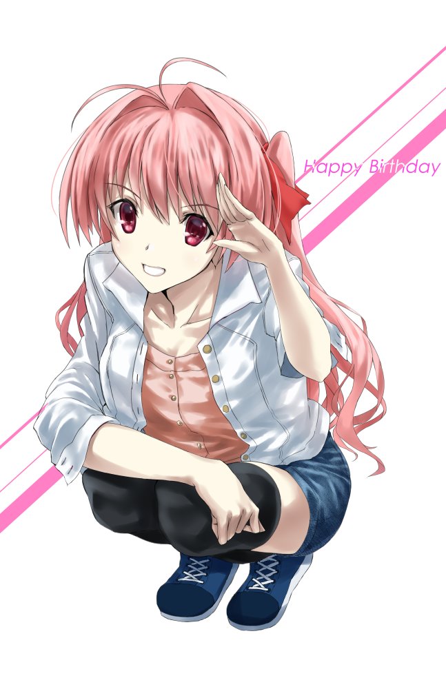 1girl, antenna_hair, black_thighhighs, blue_shoes, bow, breasts, casual, chaos;head