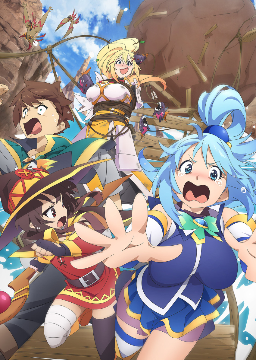 1boy, 3girls, anime_coloring, aqua_(konosuba), armor, armored_skirt, arms_behind_back, arrow_(projectile)