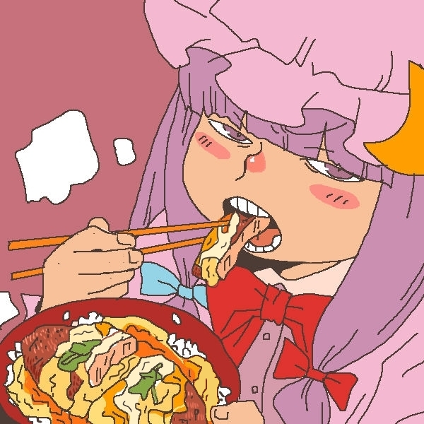 1girl, blue_bow, blunt_bangs, blush, bow, bowl, chopsticks, commentary_request, eating, hair_bow, hat, holding, holding_bowl, long_hair, looking_at_viewer, mob_cap, multiple_hair_bows, oekaki, onikobe_rin, open_mouth, oyakodon_(food), patchouli_knowledge, pink_hat, purple_hair, red_bow, rice, simple_background, solo, touhou, upper_body, v-shaped_eyebrows, violet_eyes