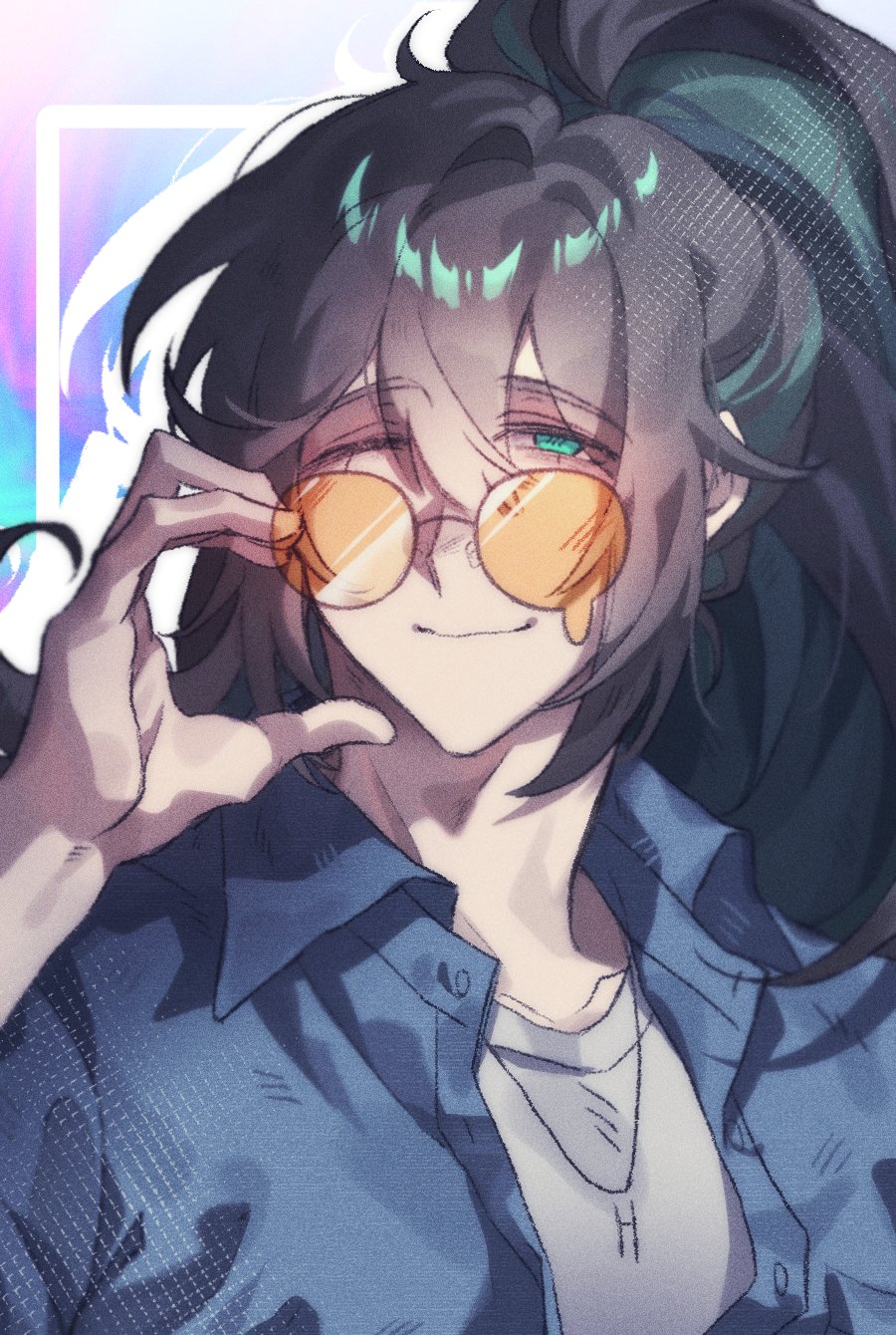 1boy, ;), adjusting_eyewear, alternate_costume, black_hair, blue_coat, coat, double-parted_bangs