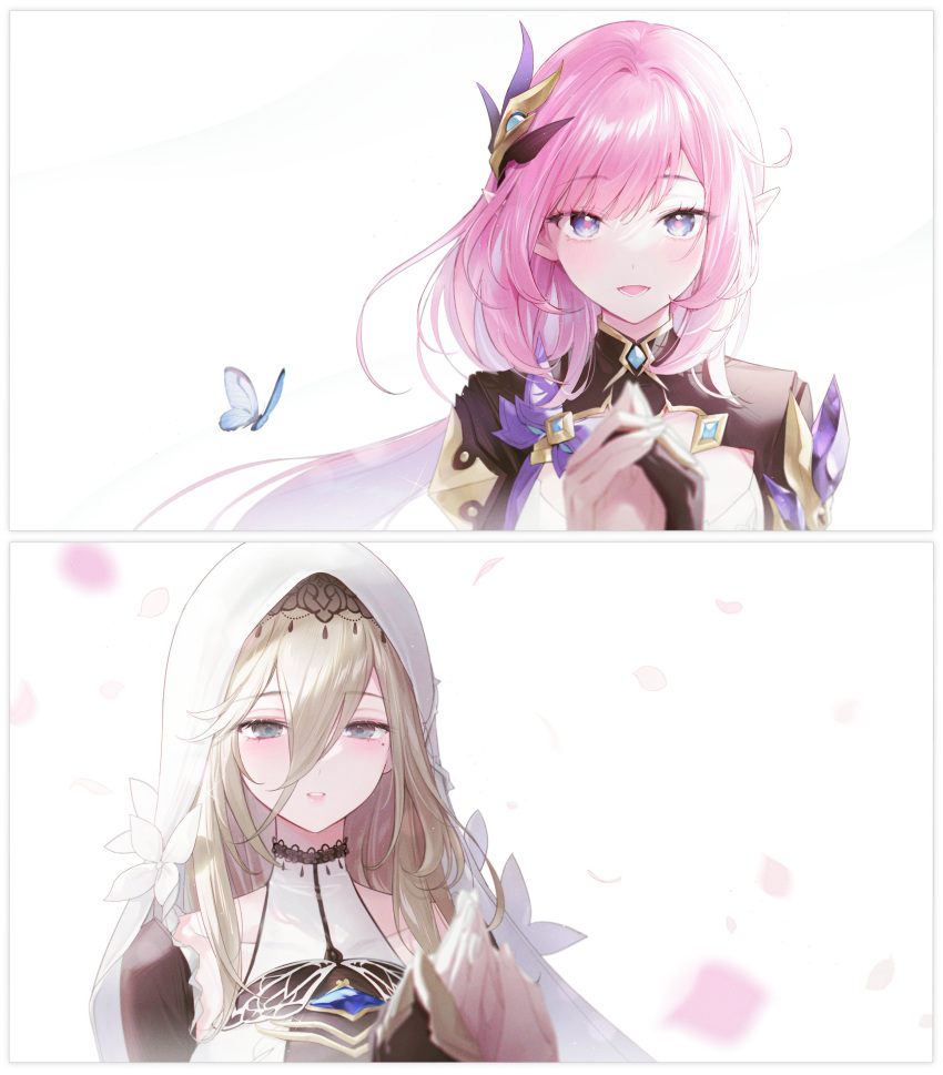 2girls, absurdres, aponia, blue_butterfly, brown_hair, bug, butterfly, commentary_request