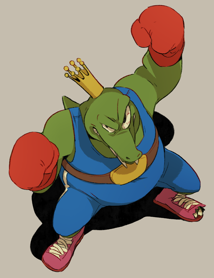 1boy, belt, bloodshot_eyes, boxing_gloves, colored_skin, crocodilian, crown, donkey_kong_(series)