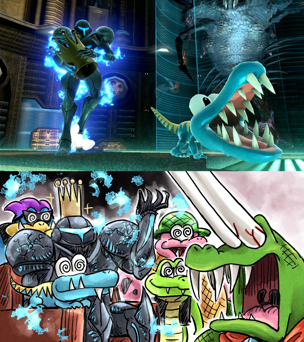 @_@, armor, blue_skin, bulging_eyes, colored_skin, crocodilian, crown, dark_samus
