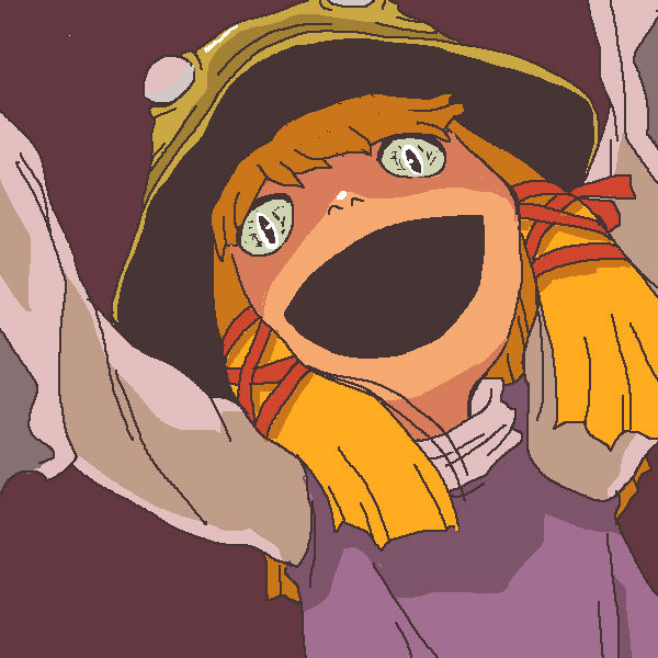 1girl, :d, black_eyes, blonde_hair, brown_background, brown_hat, colored_sclera, commentary_request