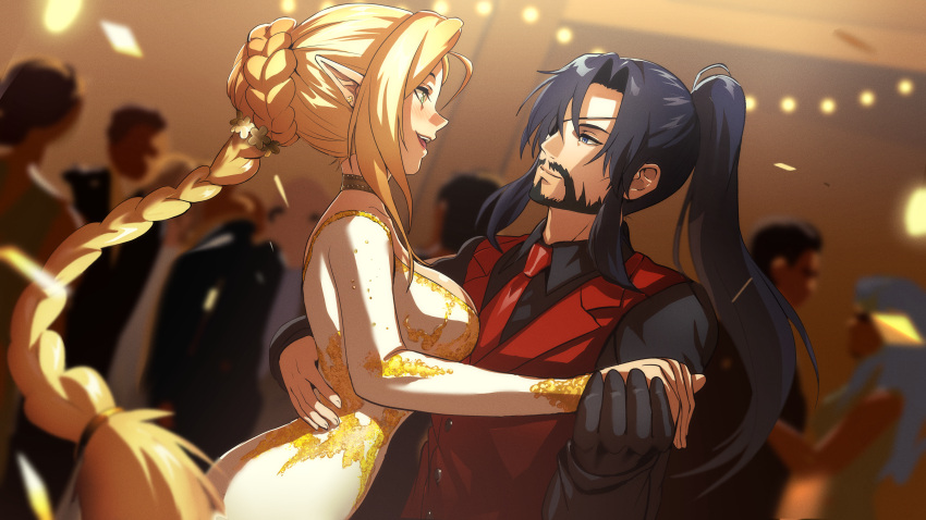 1boy, 1girl, 2022, 364ing, absurdres, ballroom, beard, black_hair, blonde_hair, blue_eyes, braid, choker, dancing, dress, elf, eyepatch, facial_hair, gloves, gold_dress, green_eyes, high_ponytail, highres, long_bangs, long_hair, necktie, original, pointy_ears, ponytail, single_glove, white_dress