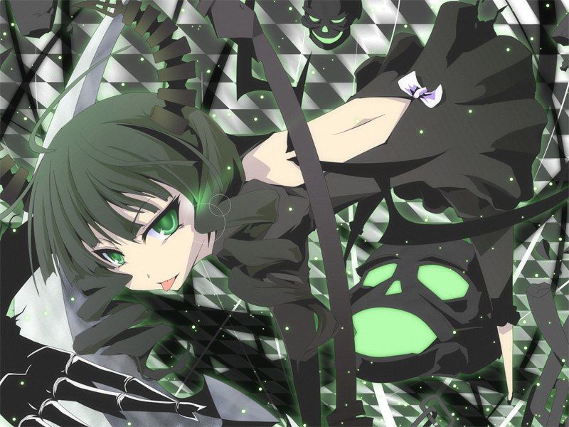 checkered, checkered_background, dead_master, dress, glowing, glowing_eyes, green_eyes, green_hair