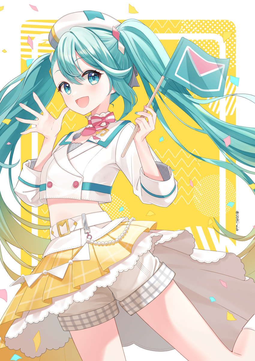1girl, aqua_eyes, aqua_hair, aqua_nails, belt, blush, bow, flag