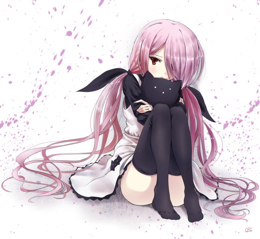 1girl, animal_print, black_thighhighs, blush, bow, cat_print, chaos;child, closed_mouth, cry85339067, dress, full_body, hair_over_one_eye, holding, holding_stuffed_toy, hugging_object, long_hair, long_sleeves, looking_at_viewer, looking_to_the_side, minamisawa_senri, no_panties, pinafore_dress, pink_hair, red_eyes, ribbon, science_adventure, sitting, sleeveless, sleeveless_dress, sleeves_past_wrists, solo, stuffed_toy, thick_thighs, thigh-highs, thighs, twintails, very_long_hair