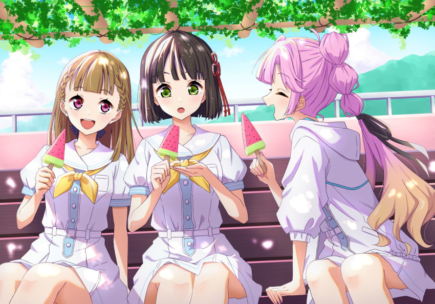 3girls, :d, :o, anyoji_hime, black_hair, black_ribbon, blonde_hair, blue_sky