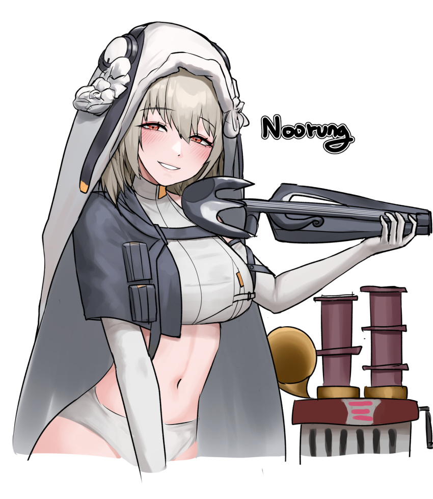 1girl, artist_name, blonde_hair, blush, commentary, crop_top, elbow_gloves, english_commentary