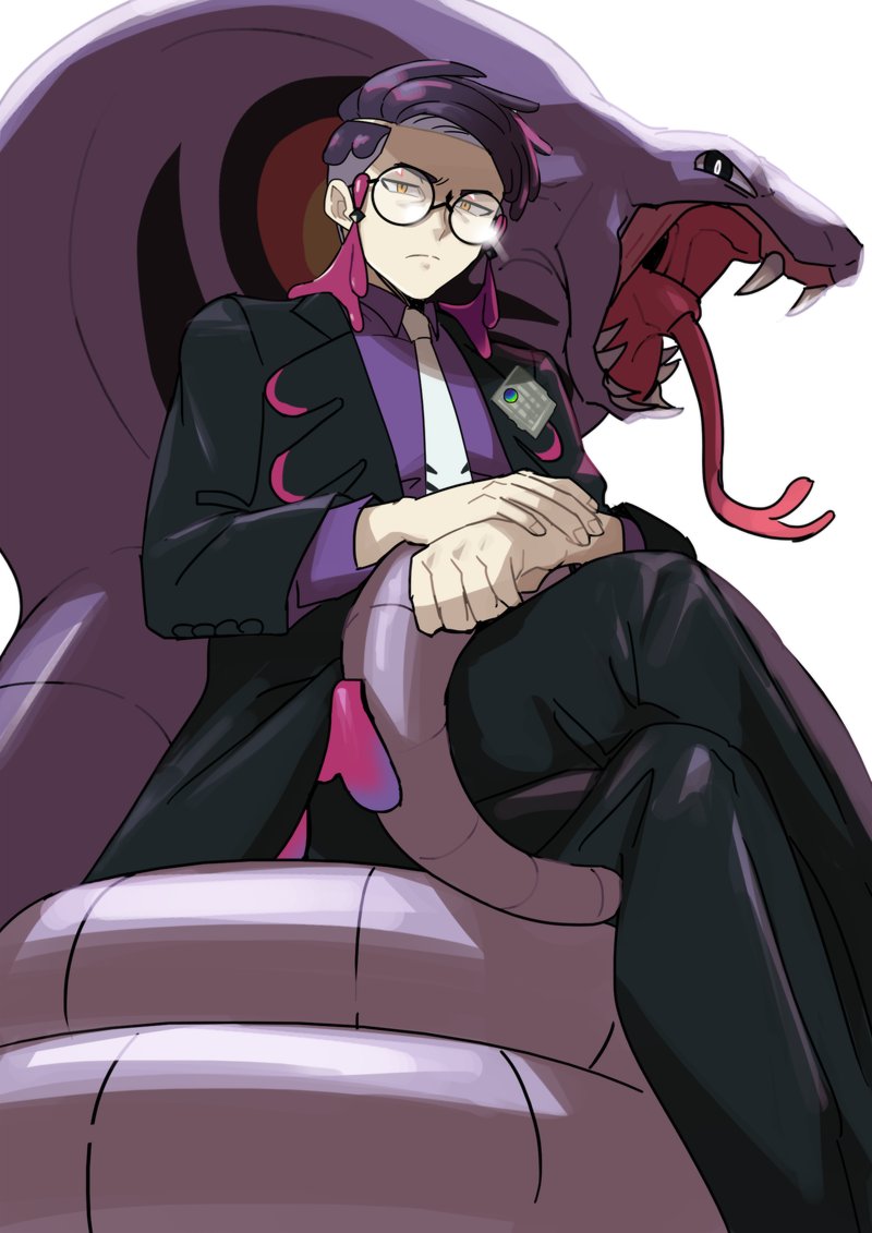 1boy, absol_(dkqthf), arbok, collared_shirt, commentary_request, corbeau_(pokemon), crossed_legs, glasses