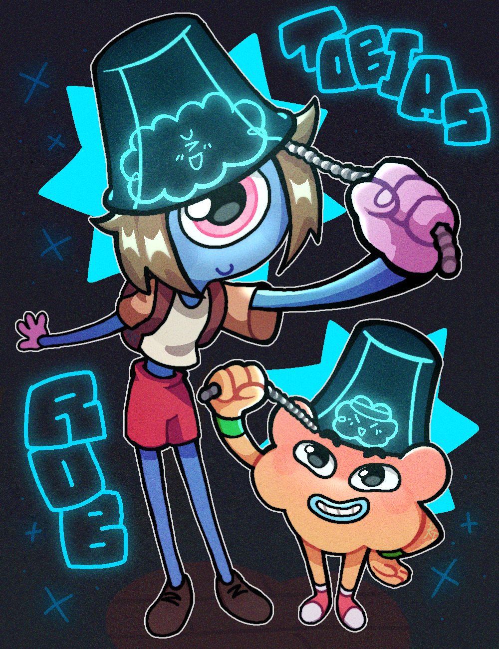 blue_lips, blue_skin, brain, brown_hair, brown_shoes, colored_skin, cropped_shirt, cyclops, fingernails, highres, lampshade, midriff, one-eyed, pink_eyes, red_shorts, rob_(pre-void)_(tawog), rob_(tawog), rustytoothbrush, shirt, shoes, shorts, skinny, smile, t-shirt, the_amazing_world_of_gumball, tobias_wilson, toon_(style)