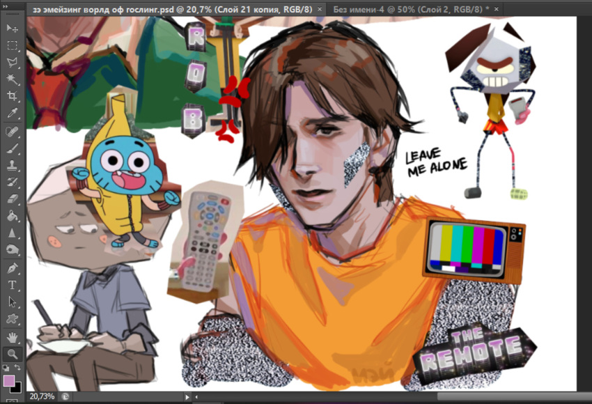 anger_vein, brown_hair, gumball_watterson, hair_over_one_eye, humanization, larry_needlemeyer, nose, orange_shirt, realistic, rob_(tawog), shirt, sobac, static, television, the_amazing_world_of_gumball