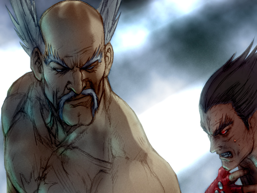 2boys, balding, black_hair, defeat, evil_smile, facial_hair, forked_eyebrows, game_cg