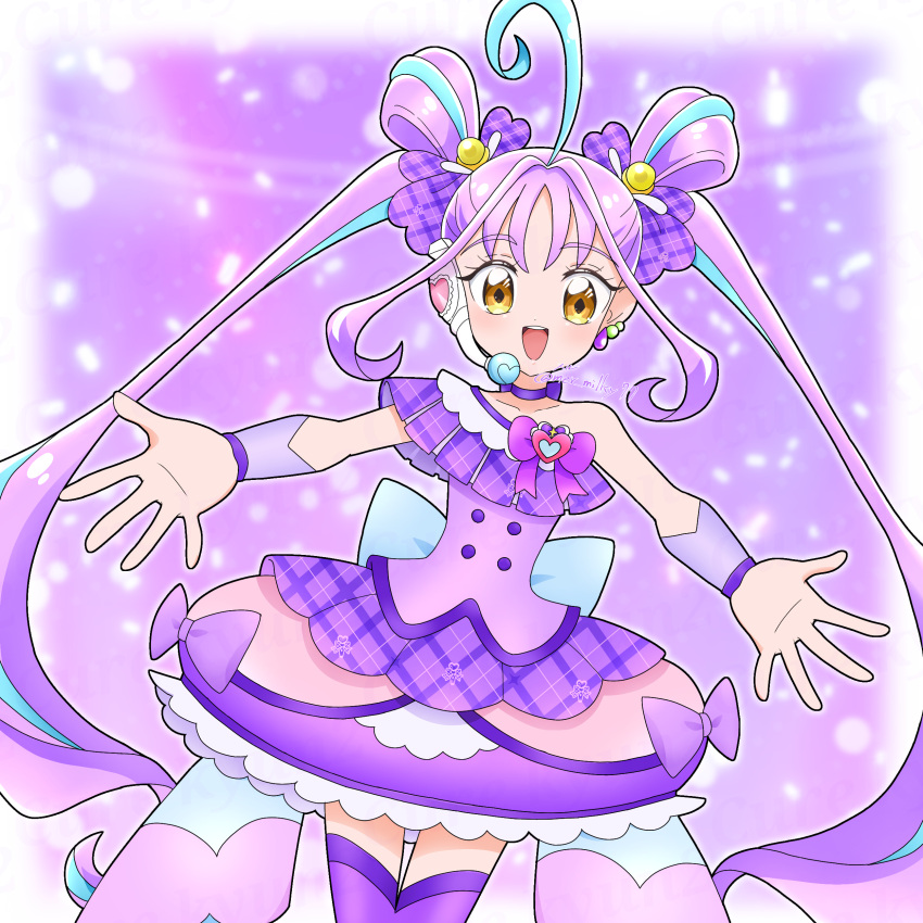 1girl, :d, absurdres, ahoge, artist_name, blue_hair, blue_streaks, blush, border, bow, bow_choker, bow_skirt, bridal_gauntlets, brooch, bubble_skirt, choker, collarbone, commentary, cowboy_shot, cure_kyunkyun, diamond-shaped_pupils, diamond_(shape), double_bun, dress, dress_bow, earrings, hair_bow, hair_bun, hair_intakes, heart, heart_brooch, highres, idol_heart_brooch, jewelry, kimi_to_idol_precure, knees_together_feet_apart, long_hair, looking_at_viewer, magical_girl, meru_(mer_milky77), miniskirt, multicolored_hair, off-shoulder_dress, off_shoulder, open_hands, open_mouth, outside_border, outstretched_arms, plaid_bow, plaid_clothes, plaid_dress, precure, purple_background, purple_choker, purple_dress, purple_hair, purple_thighhighs, purple_wrist_cuffs, shigure_kokoro, single_bare_shoulder, single_earring, skirt, sleeveless, sleeveless_dress, smile, solo, spread_fingers, streaked_hair, symbol-shaped_pupils, teardrop_earrings, teeth, thigh-highs, twintails, twitter_username, two-tone_hair, upper_teeth_only, very_long_hair, white_border, wrist_cuffs, yellow_eyes