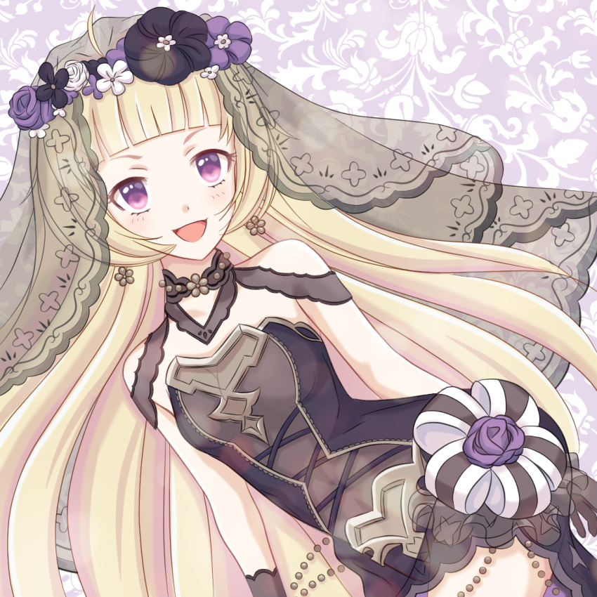 1boy, black_dress, black_flower, black_veil, blonde_hair, blunt_bangs, detached_collar, dress, flower, flower_wreath, gothic_lolita, lolita_fashion, long_hair, male_with_breasts, nattsu_(nattsu_shiro), open_mouth, princess_connect!, see-through_clothes, see-through_dress, sleeveless, sleeveless_dress, smile, strapless, strapless_dress, trap, veil, violet_eyes, yuki_(ceremonial)_(princess_connect!), yuki_(princess_connect!)