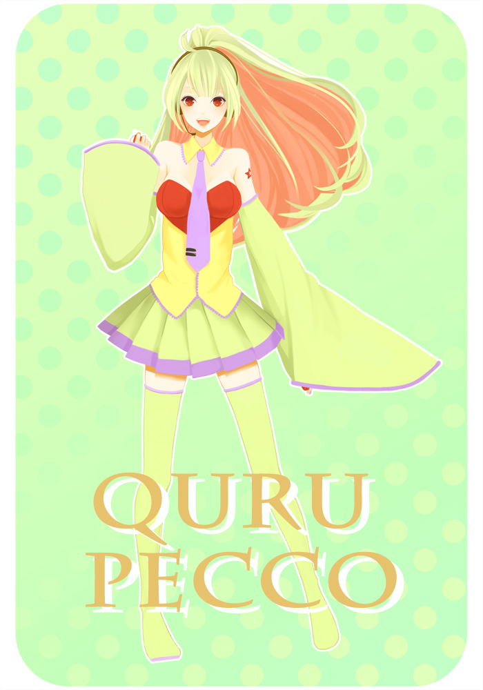 ahoge, bad_id, bare_shoulders, coma_(fginiy), detached_sleeves, green_hair, green_legwear, headset, jewelry, long_hair, monster_hunter, monster_hunter_3, monster_hunter_portable_3rd, multicolored_hair, nail_polish, necklace, open_mouth, orange_hair, personification, qurupeco, red_eyes, skirt, solo, tattoo, text, thighhighs, two-tone_hair