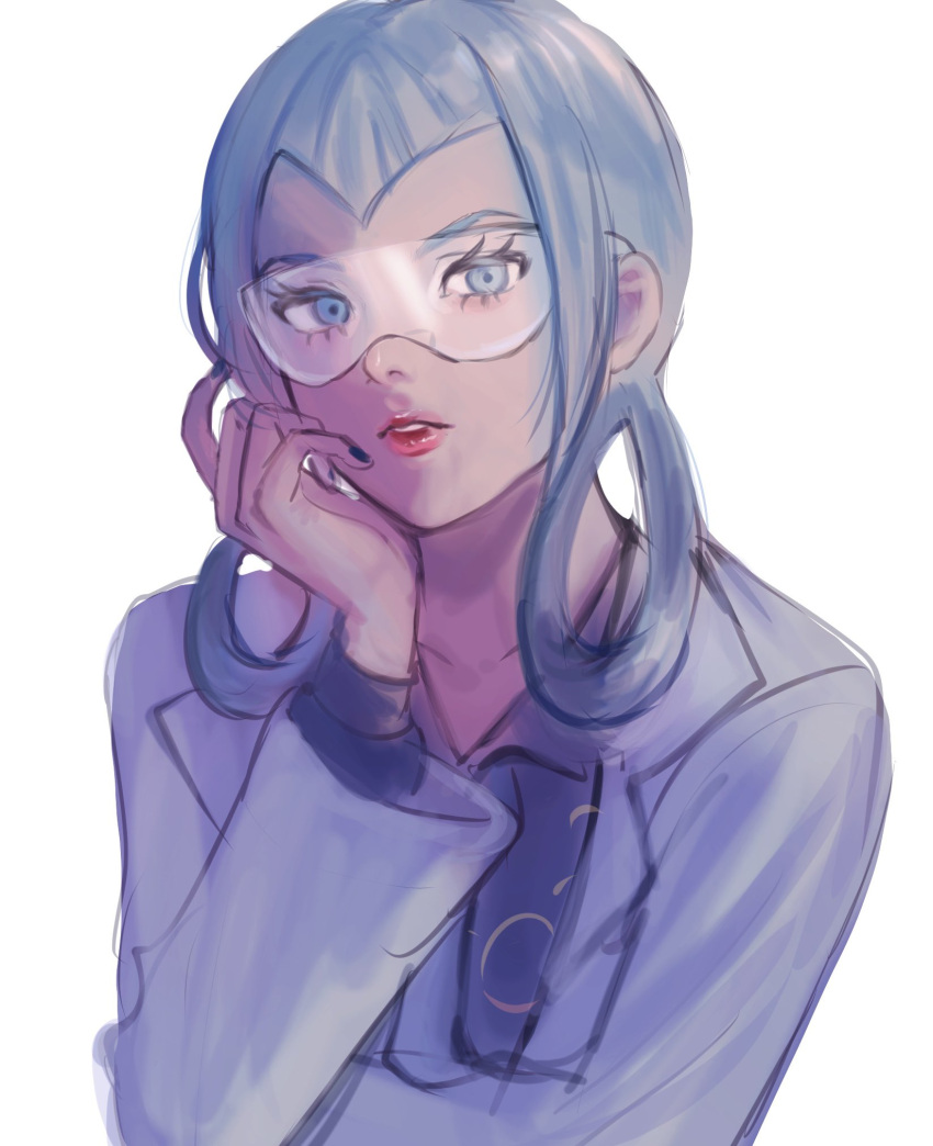1girl, coat, collared_shirt, commentary_request, eyelashes, hair_rings, hand_up, head_rest