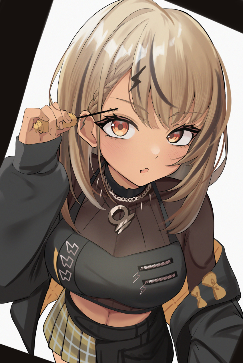 1girl, absurdres, black_hair, blonde_hair, brown_eyes, commentary_request, ear_piercing, fang