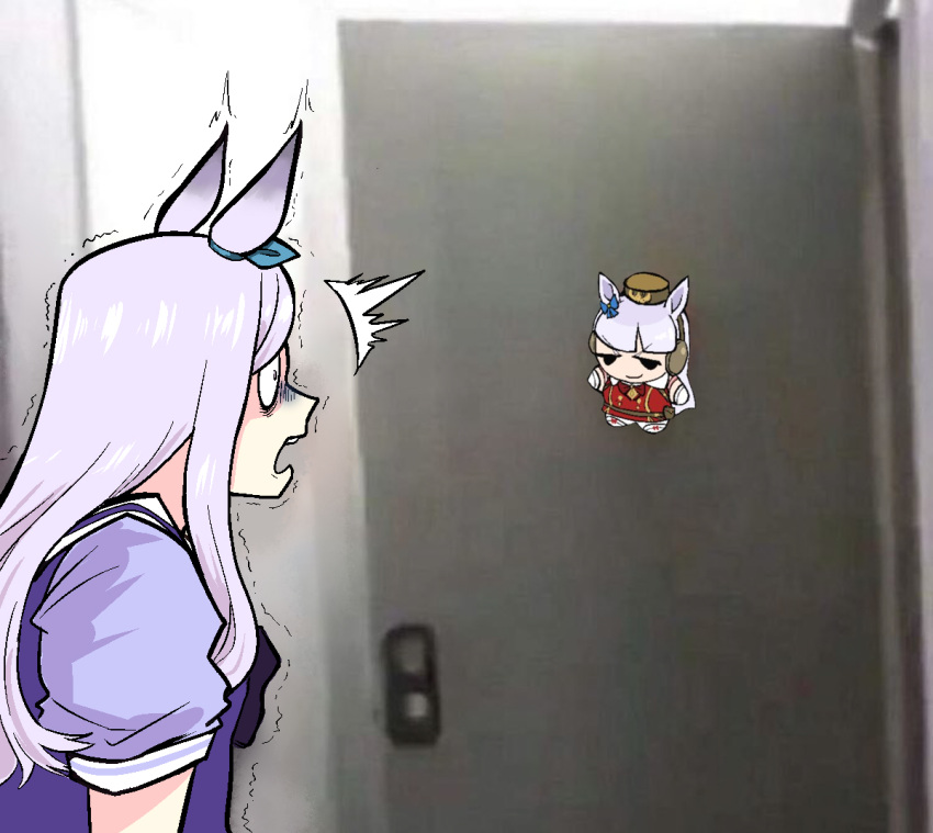 1girl, ^^^, animal_ears, aqua_bow, arcade_craniacs, black_eyes, blunt_bangs, bow