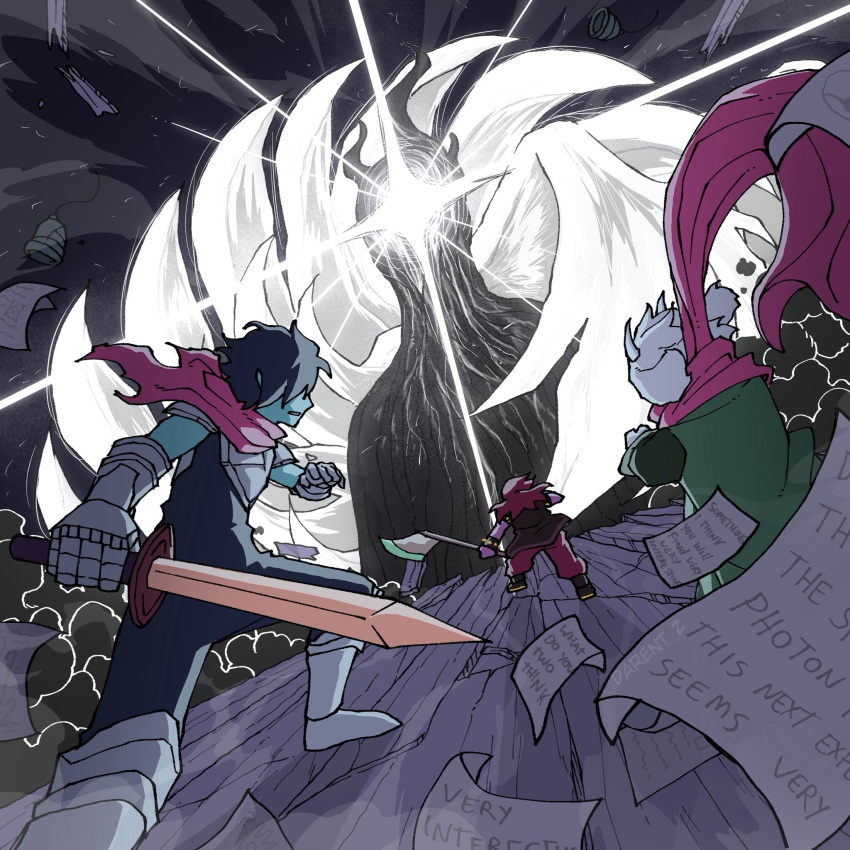 1boy, 1girl, 2others, angel_wings, armor, axe, black_bodysuit, black_boots