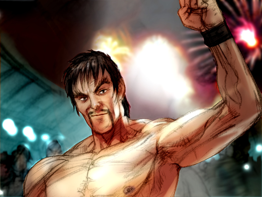 1boy, arm_up, black_hair, brown_eyes, clenched_hand, facial_hair, fireworks, forked_eyebrows