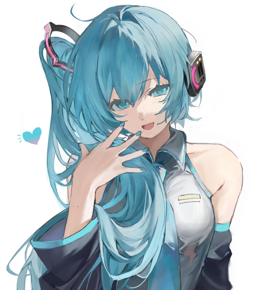 1girl, blue_eyes, blue_hair, blue_nails, blush, detached_sleeves, grey_shirt, hand_up, hatsune_miku, hatsune_miku_(noodle_stopper), heart, highres, long_hair, looking_at_viewer, meme, open_mouth, sfsaltfish, shirt, side_ponytail, sidetail_miku_noodle_stopper_(meme), simple_background, sleeveless, sleeveless_shirt, solo, upper_body, vocaloid, white_background