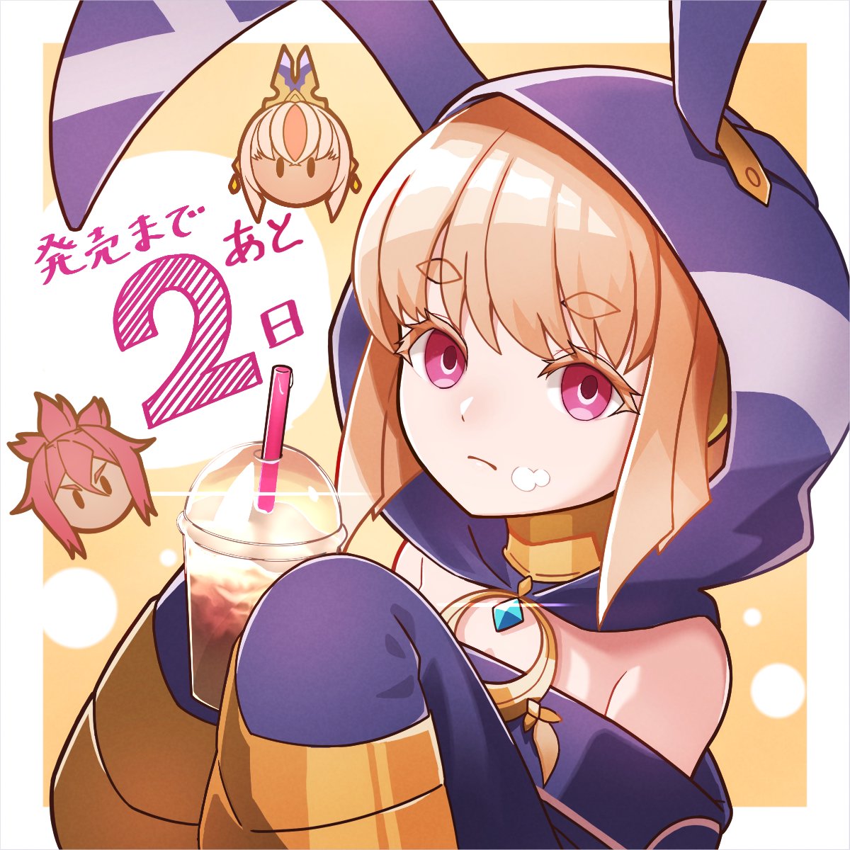 1girl, azure_striker_gunvolt, azure_striker_gunvolt_3, bare_shoulders, blonde_hair, chibi, chibi_inset, countdown_illustration