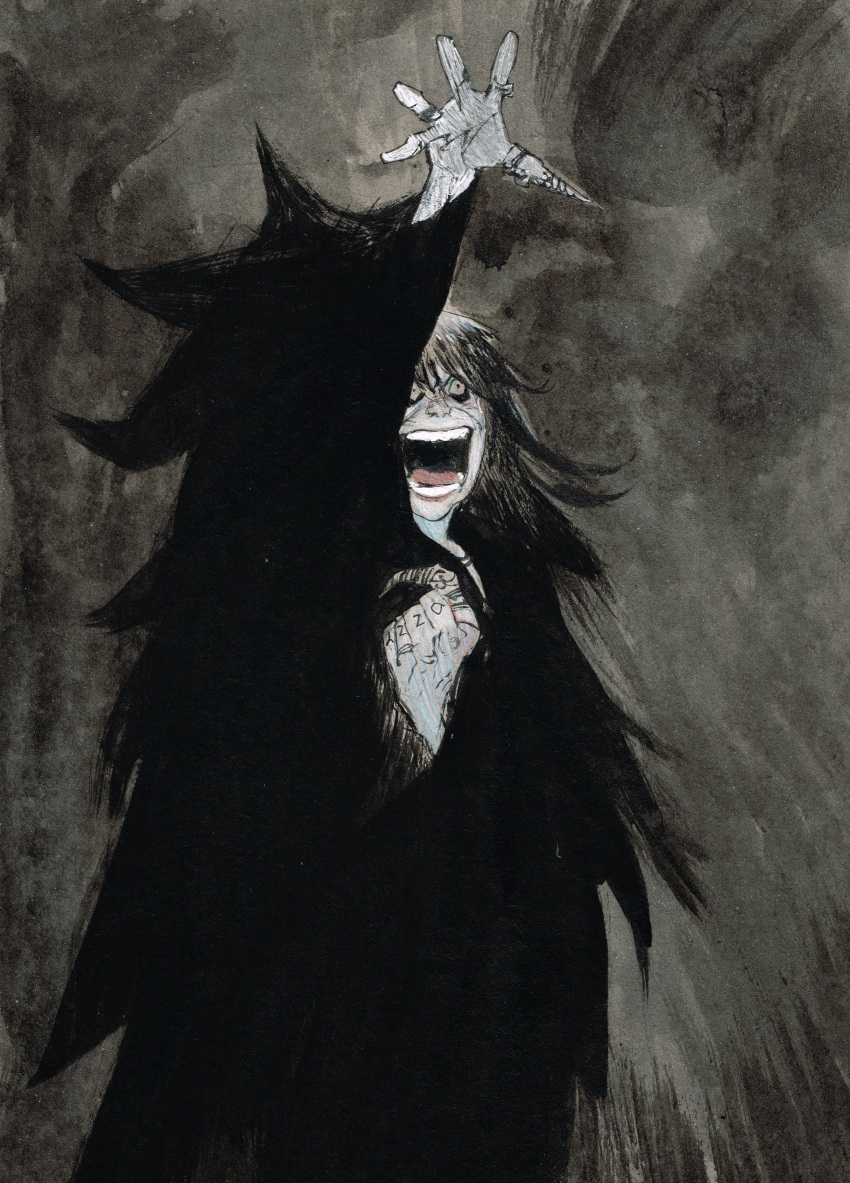 1boy, absurdres, arm_up, black_coat, black_hair, clenched_hand, coat, goth_fashion