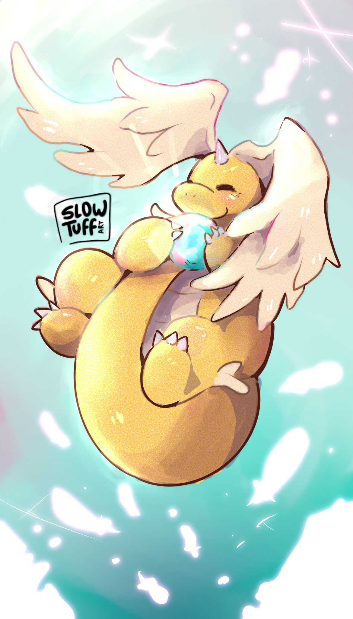 claws, closed_eyes, closed_mouth, dragonite, falling_feathers, feathered_wings, feathers, full_body, head_wings, highres, horns, mega_dragonite, mega_pokemon, no_humans, pokemon, pokemon_(creature), pokemon_focus, pokemon_legends:_z-a, signature, single_horn, sky, slowtuffart, smile, solo, sparkle, tail, wings