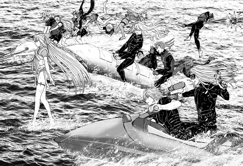 5girls, 6+boys, akuta_hinako, anastasia_(fate), ashwatthama_(fate), beryl_gut, black_wetsuit, bodysuit