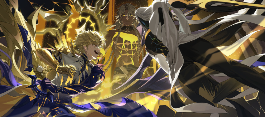 3boys, absurdres, armor, black_skin, blonde_hair, colored_skin, cracked_skin, gauntlets, halo, highres, holding, holding_sword, holding_weapon, honkai:_star_rail, honkai_(series), long_hair, low-tied_long_hair, material_growth, mobiling, multiple_boys, nanook_(honkai:_star_rail), open_mouth, pauldrons, phainon_(honkai:_star_rail), short_hair, shoulder_armor, sword, teeth, upper_teeth_only, veil, weapon, white_hair, white_veil, yellow_eyes, zephyro