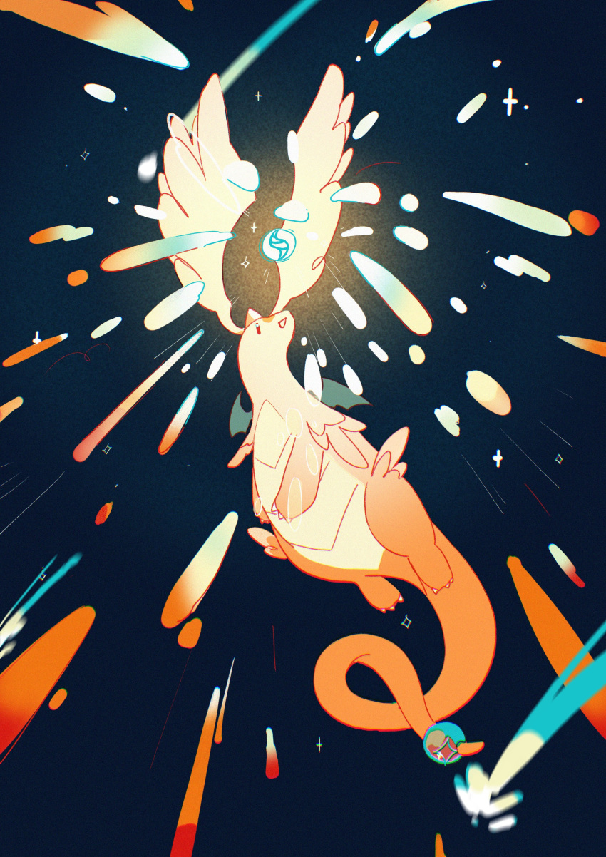 absurdres, blue_background, color_contrast, dragonite, feathered_wings, full_body, head_wings, highres