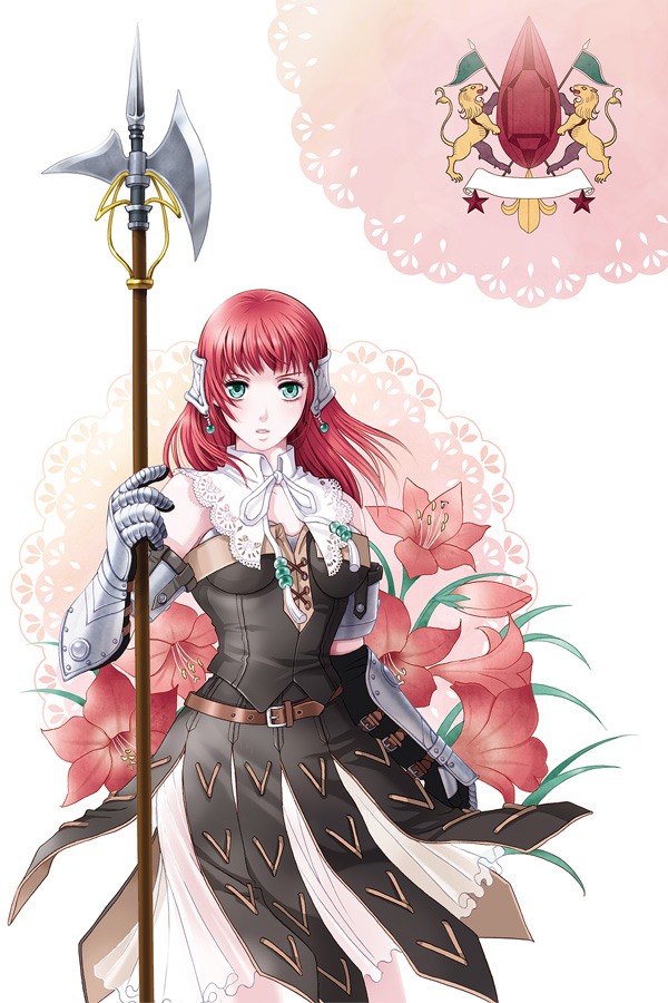 armor, armored_dress, flower, gauntlets, green_eyes, halberd, maronee_san, polearm, primiera, red_hair, redhead, saga, saga_frontier_2, weapon