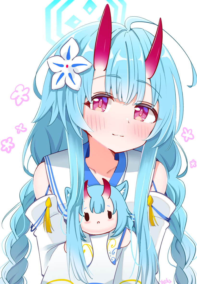 1girl, bare_shoulders, blue_archive, blue_hair, blue_halo, blush, braid, character_doll
