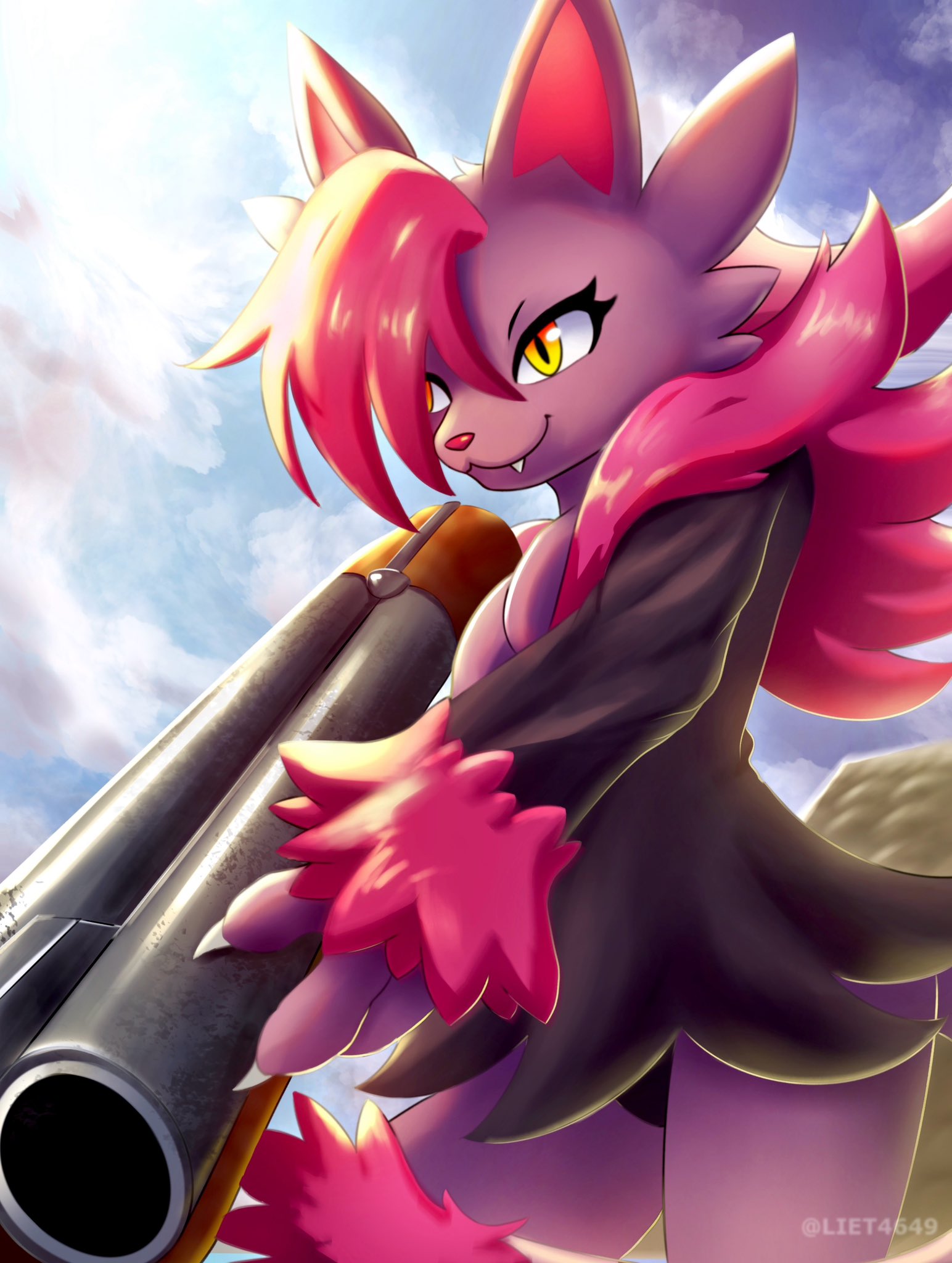 1boy, artist_name, claws, dark_skin, day, double-barreled_shotgun, furry, furry_female, gun, highres, holding, holding_gun, holding_weapon, liet4649, nyafia_(palworld), outdoors, pal_(creature), palworld, shotgun, slit_pupils, solo, weapon