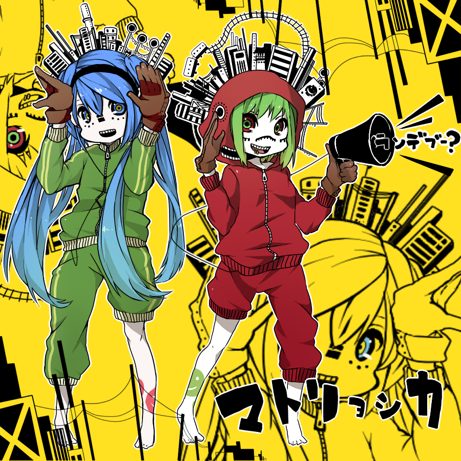 asymmetrical_clothing, bad_id, barefoot, blue_hair, facial_tattoo, facial_tattoos, gloves, green_hair, gumi, hatsune_miku, headphones, hood, long_hair, matryoshka_(vocaloid), megaphone, naruto_maki, short_hair, tattoo, twintails, vocaloid