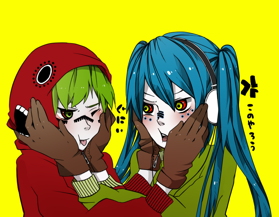 blue_hair, blush, facial_tattoo, facial_tattoos, gloves, green_hair, gumi, hatsune_miku, headphones, hood, long_hair, matryoshka_(vocaloid), naruto_maki, short_hair, simple_background, tattoo, tongue, twintails, vocaloid, wince