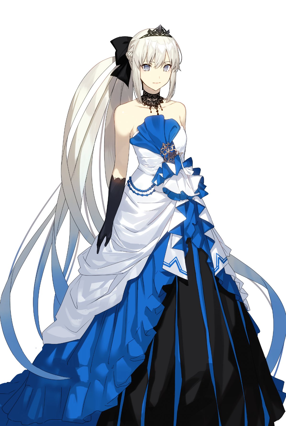 1girl, arms_at_sides, ball_gown, bare_shoulders, black_bow, black_gloves, black_tiara, blonde_hair