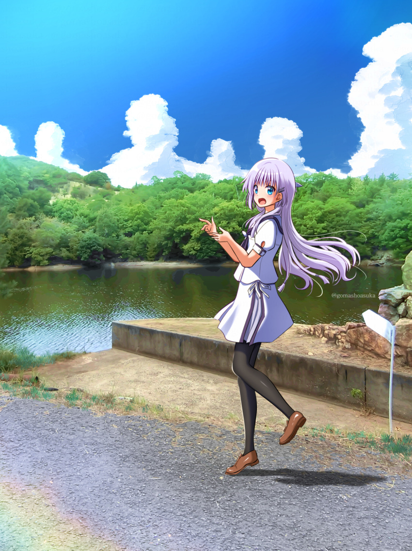 1girl, :o, ascot, black_ascot, black_pantyhose, blue_eyes, blue_sky, blush, brown_shoes, commentary_request, day, floating_hair, full_body, gomasho_asuka, hair_behind_ear, hair_between_eyes, hair_ornament, hairclip, hands_up, highres, lake, loafers, long_hair, looking_at_viewer, miniskirt, naruse_shiroha, open_mouth, outdoors, pantyhose, parallel_hairclips, photo_background, road, sailor_collar, school_uniform, serafuku, shirt, shoes, skirt, sky, solo, standing, standing_on_one_leg, summer_pockets, summer_pockets_school_uniform, surprised, twitter_username, very_long_hair, white_hair, white_sailor_collar, white_serafuku, white_shirt, white_skirt