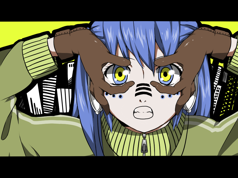 bad_id, blue_hair, face, facial_tattoo, facial_tattoos, girls_high, gloves, grin