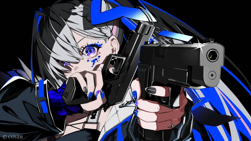 1girl, amane_kanata, amane_kanata_(lock_on), black_background, black_jacket, black_nails, blue_eyes, blue_hair