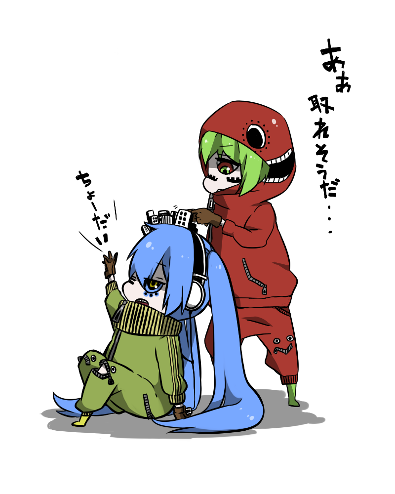2girls, blue_hair, chibi, facial_tattoo, facial_tattoos, green_hair, gumi, hatsune_miku