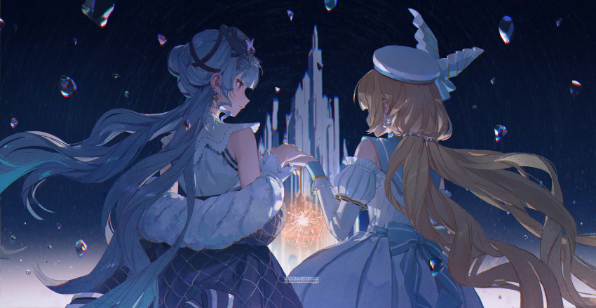 2girls, absurdres, acid_(maimai), bare_shoulders, blonde_hair, bow, chromatic_aberration, cowboy_shot