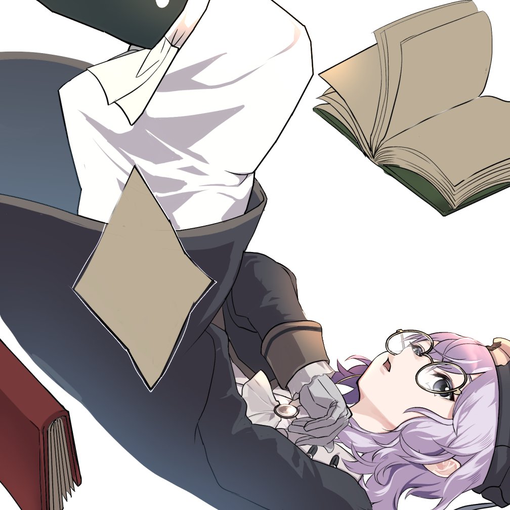 1girl, book, glasses, gloves, hat, mabinogi, melwyn, neeko_mabinogi, purple_hair, round_eyewear, short_hair, simple_background, violet_eyes