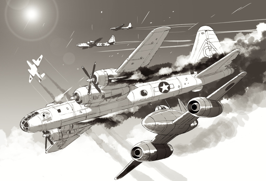 aircraft, airplane, b-29_superfortress, bomber, canards, commentary, fighter_jet, fire