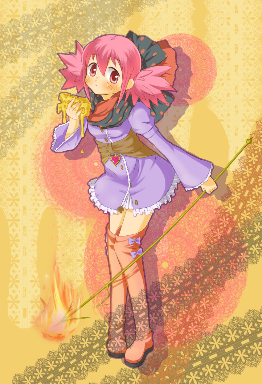 akiduhaniwa, bad_id, blush, boots, charlotte_(madoka_magica), cheese, dress, fire