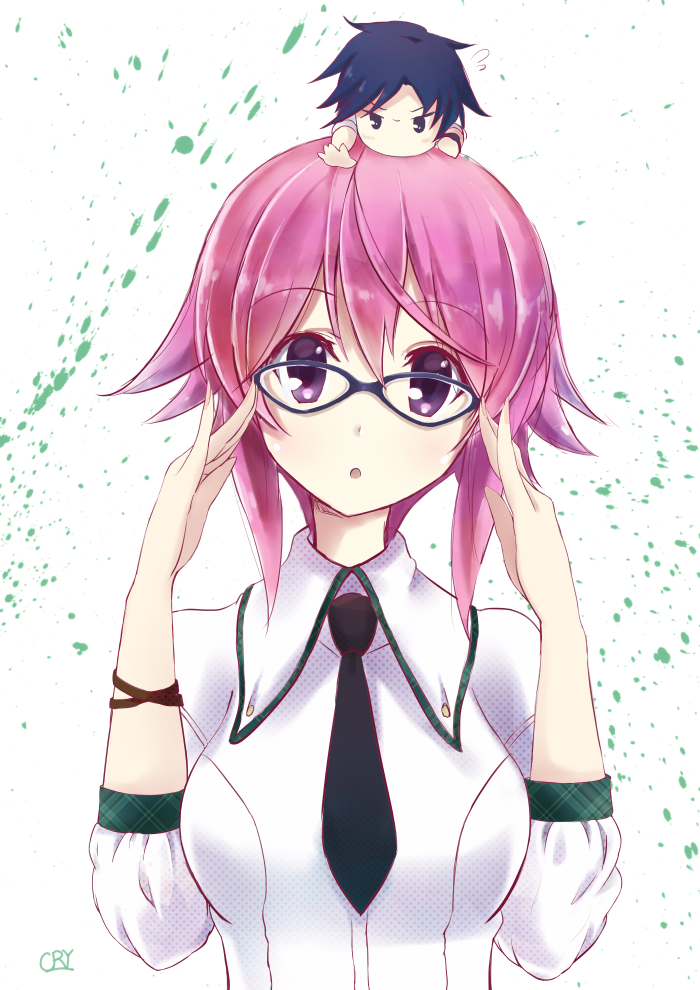 1boy, 1girl, :o, black_necktie, blue_hair, casual, chaos;child, chibi