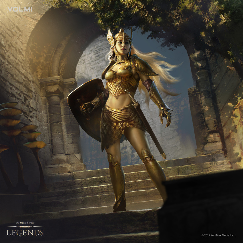1girl, armor, armored_boots, blonde_hair, boobplate, boots, brick_wall, clawed_gauntlets